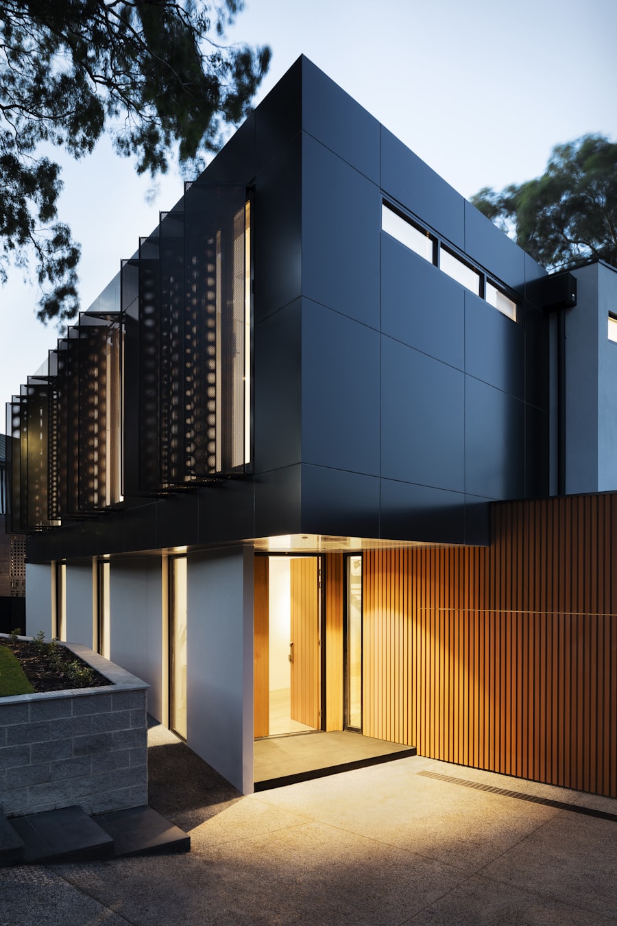 A stylish, contemporary short-term rental at dusk